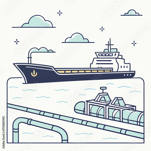 Illustration of a large cargo ship sailing on the water above an underwater pipeline system with clouds in the sky