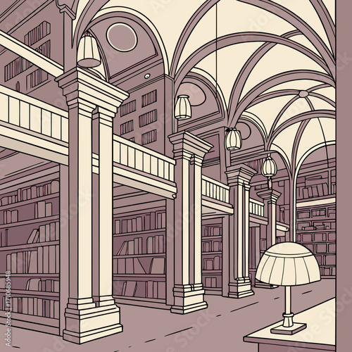 Grand old library interior with tall bookshelves ornate columns vaulted ceilings hanging lamps and a desk lamp creating a scholarly atmosphere for reading and research