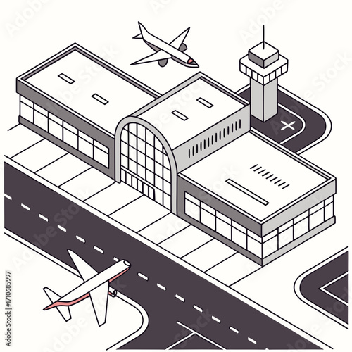 Isometric illustration of a modern airport terminal building with airplanes on the tarmac and in the sky and a control tower overseeing operations