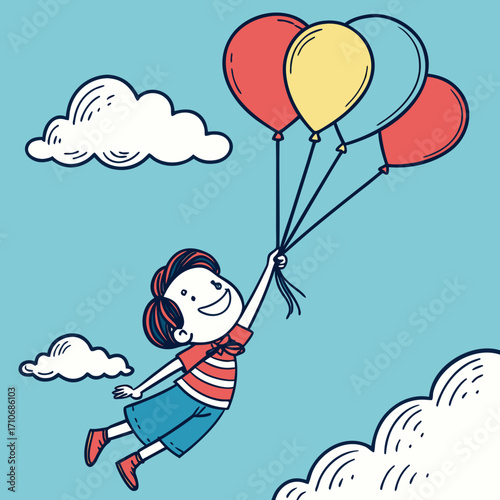 Joyful cartoon boy flying high in the sky holding a bunch of colorful balloons and surrounded by fluffy white clouds