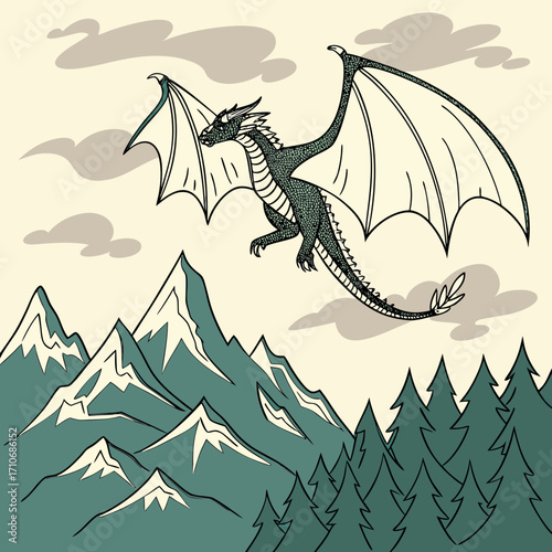 Majestic green dragon with large wings soaring above snow capped mountains and pine forest under a cloudy sky