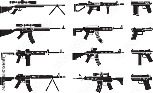 Collection of Gun Silhouettes for Security, Law Enforcement, and Military Illustrations