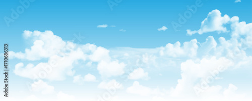A high-resolution image showcasing a vibrant blue sky filled with scattered white cumulus clouds. The natural daylight highlights the soft textures of the clouds.