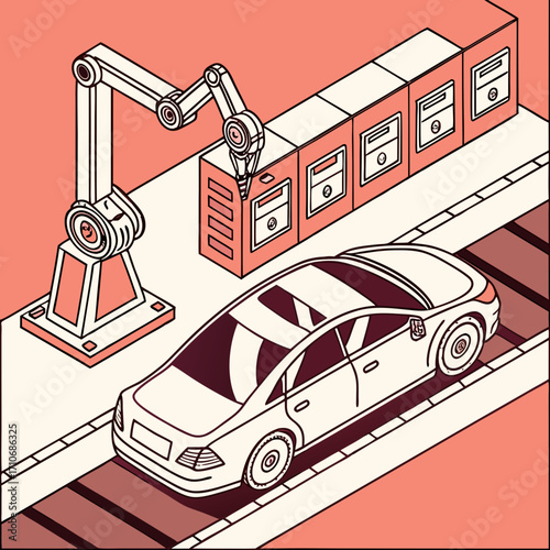 Modern car assembly line with robotic arm working on a vehicle in a clean industrial factory setting with isometric perspective and limited color palette