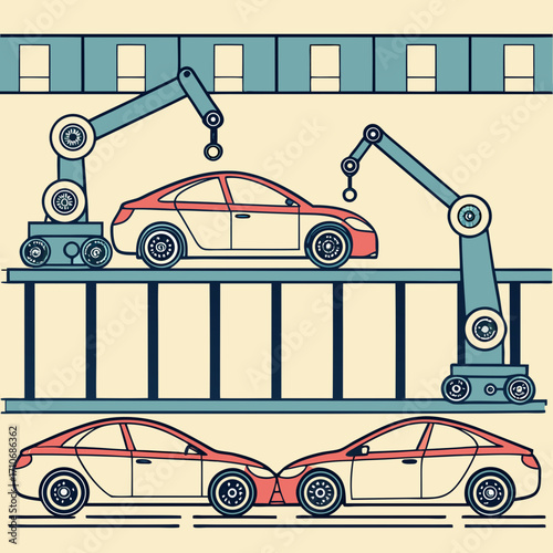 Modern car manufacturing assembly line with robotic arms building vehicles and finished cars on a conveyor belt