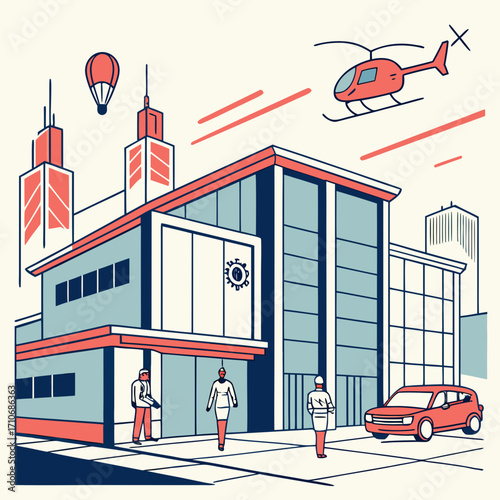 Modern cityscape illustration featuring a sleek building with people and transportation including a helicopter and hot air balloon