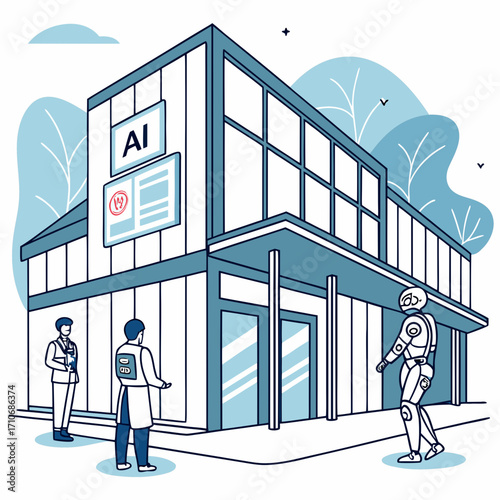 Modern building with ai signage and futuristic robot interacting with scientists in front of the entrance representing technological advancement and innovation