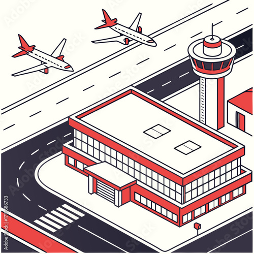 Modern isometric airport illustration featuring a terminal building control tower airplanes on the tarmac and a pedestrian crossing