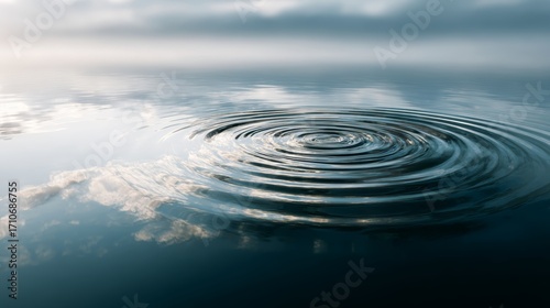 Calm water ripples creating circular patterns against cloudy sky reflection