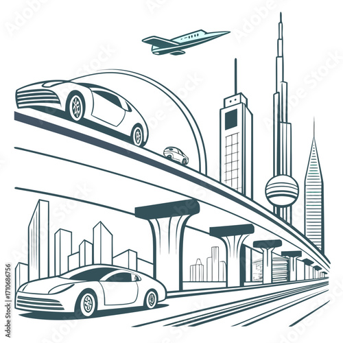 Modern urban transportation featuring sleek sports cars on an elevated highway a private jet flying overhead and a futuristic cityscape with towering skyscrapers