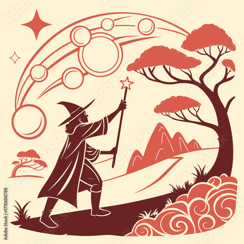 Mysterious wizard with a star tipped staff stands on a hill under a celestial arc with planets and stars overlooking a stylized landscape with trees and mountains