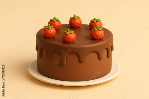 3D cartoon chocolate cake with strawberries on top