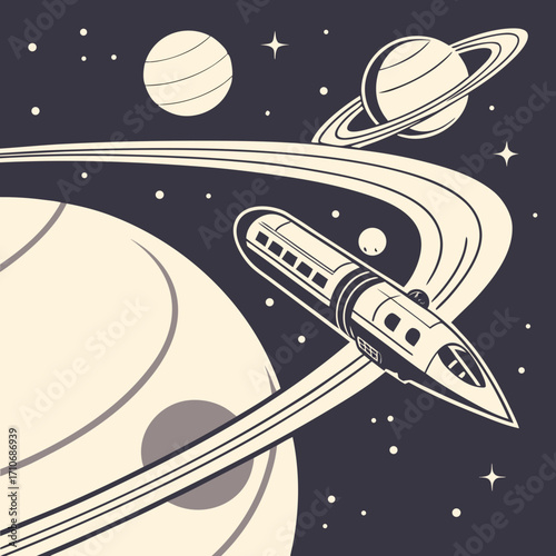 Retro futuristic spaceship glides through a starry cosmos past ringed planets and celestial bodies in a vintage art style