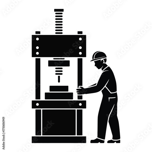 Factory worker silhouette operating heavy metal press machine, industrial labor and machinery, vector isolated black and white