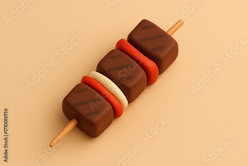 3D cartoon meat skewer with vegetables