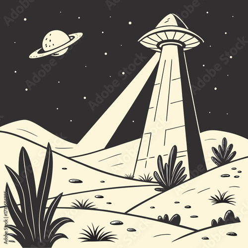 Retro style illustration of a classic flying saucer ufo landing beam illuminating an alien desert landscape under a starry night sky with a distant planet