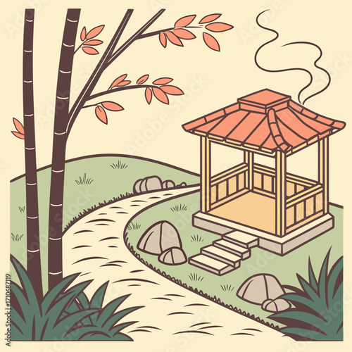 Serene japanese garden scene with a traditional gazebo and bamboo trees along a winding path