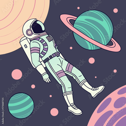 Stylized astronaut floating peacefully in deep space surrounded by colorful planets and celestial bodies with a retro inspired color palette