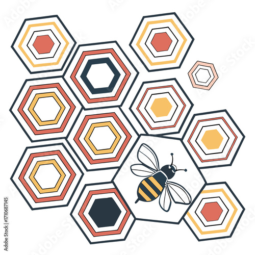 Stylized bee and honeycomb pattern with geometric hexagons in warm colors on a white background
