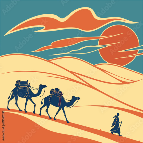 Stylized illustration of a caravan with two camels and a lone traveler walking across vast desert sand dunes under a bright sun and stylized clouds
