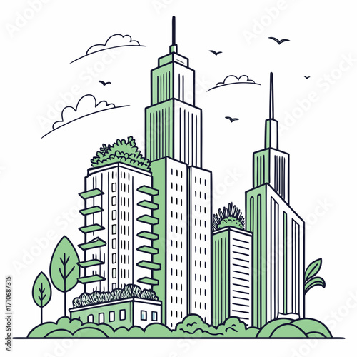 Stylized illustration of a modern city skyline featuring green buildings with rooftop gardens and trees against a cloudy sky with birds flying overhead