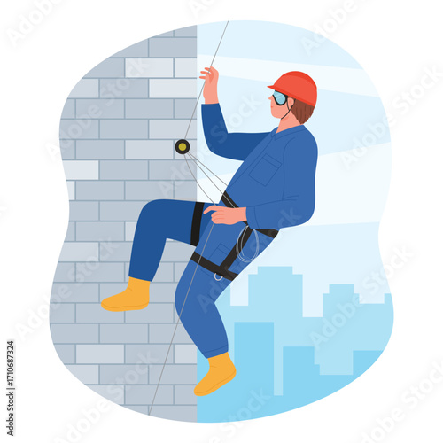 Industrial climber hanging high on facade of building vector illustration. Cartoon isolated work at height scene with professional rope access worker in mountaineering belt climbing on wall of house