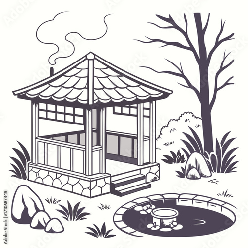 Stylized illustration of a traditional japanese garden pavilion with a pond and surrounding foliage under a bare tree silhouette