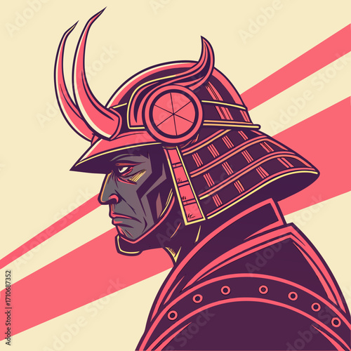 Stylized illustration of a stern samurai warrior in traditional armor and helmet with horns depicted in profile against a backdrop of diagonal stripes