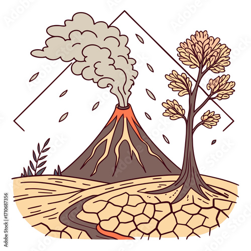 Stylized illustration of a volcanic eruption with smoke billowing into the sky and a lone tree standing in a dry cracked landscape