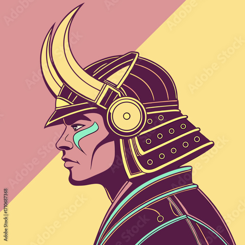 Stylized profile illustration of a warrior wearing a traditional japanese samurai helmet with golden horns and ornate armor against a vibrant geometric background
