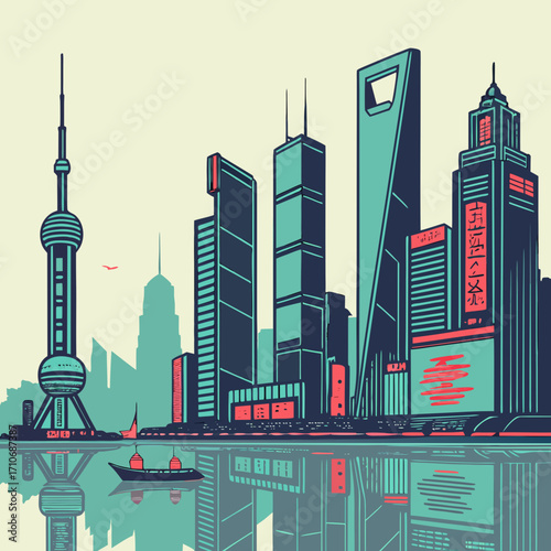 Photography Stylized illustration of the shanghai skyline with iconic buildings like the ori