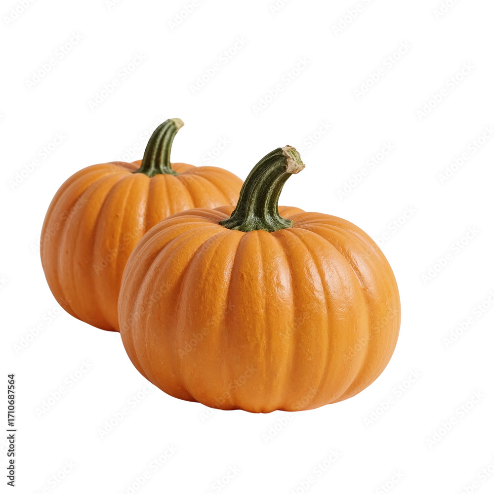 Twin orange pumpkins with green stems on a stark black background symbolizing autumn Twin orange pumpkins with green stems on a stark black background symbolizing autumn