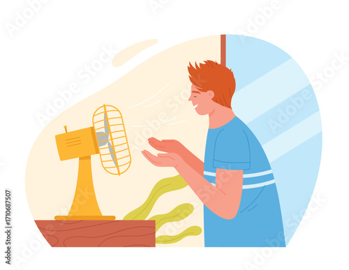 Cartoon isolated hot summer scene with man. Boy cooling at electric ventilator blowing, sitting at home vector illustration