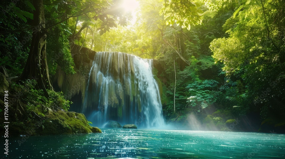 Fototapeta premium Majestic waterfall cascading into a serene pool surrounded by lu