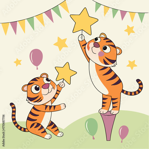 Two adorable cartoon tigers celebrating with golden stars and colorful balloons under festive bunting flags