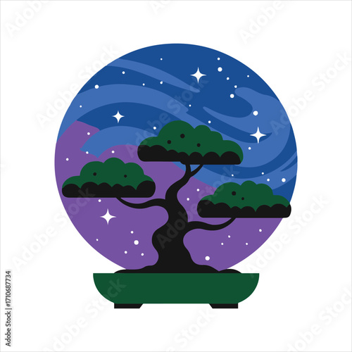 Enchanting bonsai tree under a cosmic night sky stars and aurora borealis