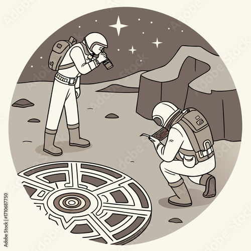 Two astronauts exploring an alien planet discover a mysterious circular artifact and document their findings under a starry sky