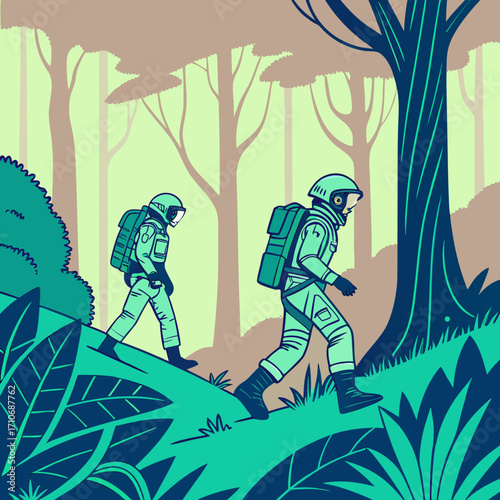 Two astronauts in futuristic spacesuits with backpacks explore a lush alien jungle with vibrant green foliage and tall trees under a pale sky