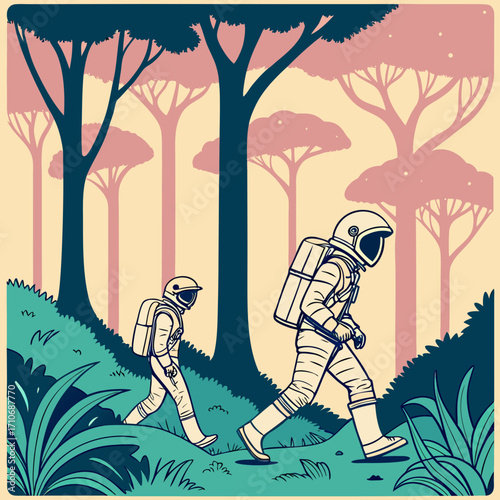 Two astronauts in full suits with backpacks explore a surreal alien forest with stylized trees and lush vegetation under a pastel sky