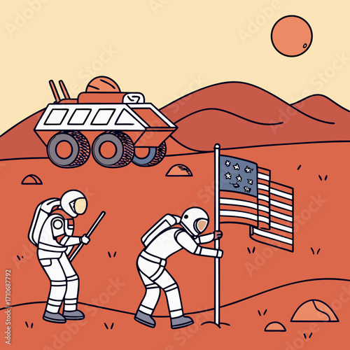 Two astronauts plant the american flag on mars next to a rover with a red planet and rolling hills in the background
