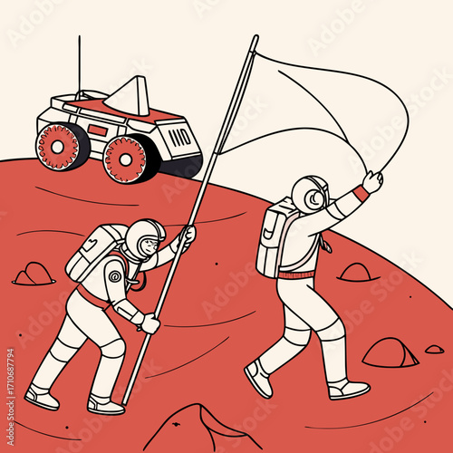 Two astronauts plant a flag on a red planet with a rover in the background symbolizing exploration and discovery in space