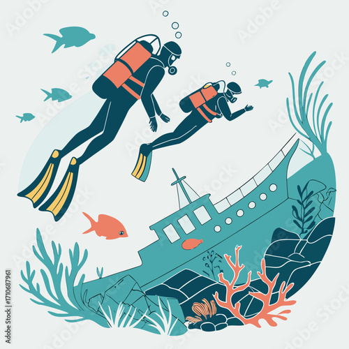 Two divers explore a sunken ship surrounded by colorful coral reefs and tropical fish in the deep blue ocean water