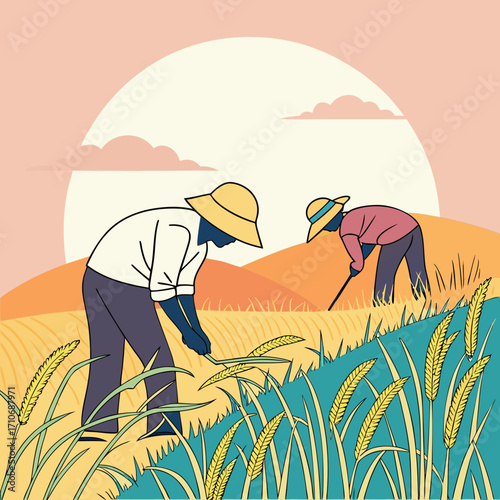 Two farmers wearing straw hats harvest a golden wheat field under a warm sunset sky with soft clouds symbolizing agriculture and rural life