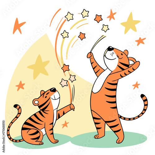 Two happy cartoon tigers celebrating with sparkling stars and fireworks creating a magical and joyful atmosphere for children and festive occasions