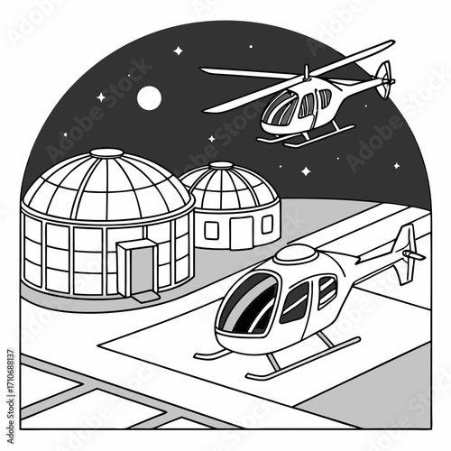 Two helicopters are shown in a stylized illustration at night near geodesic domes with a moon and stars in the background