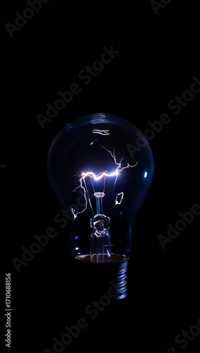 Illuminated light bulb with electrical sparks isolated on black background studio shot