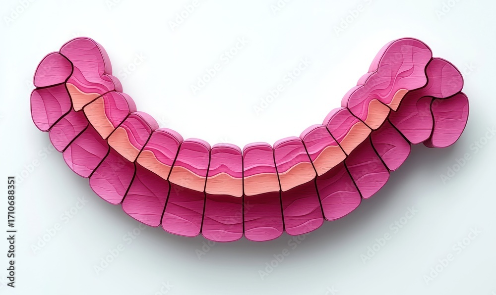 Obraz premium A segmented, pink anatomical model, possibly of the intestines or colon, presented on a plain white background. The model showcases a layered, textured design