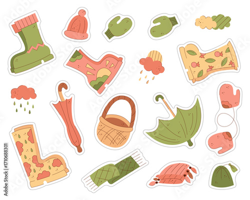 A set of weather and streetwear stickers. Color flat illustration.