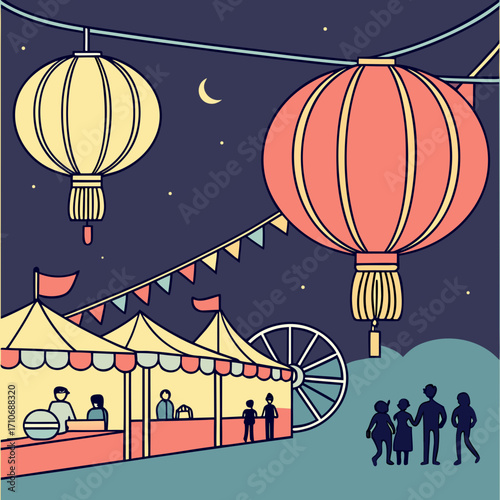 Vibrant night market scene with colorful lanterns festive bunting and silhouetted figures enjoying the atmosphere under a crescent moon and starry sky