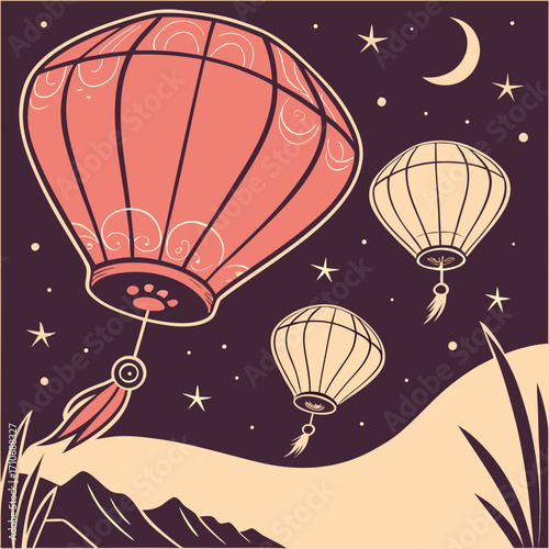 Vibrant red and cream colored chinese lanterns float serenely across a dark starry night sky above a silhouetted mountain landscape and tall grass